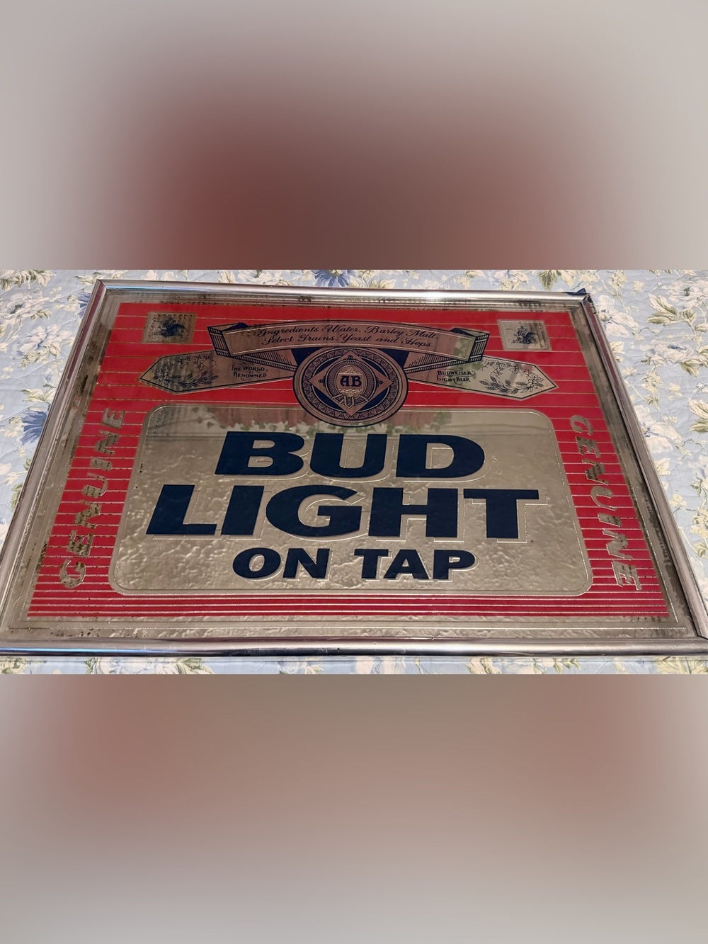 Nice Vintage Bud Light On Tap Framed Bar Mirror Sign - Genuine Anheuser-Busch